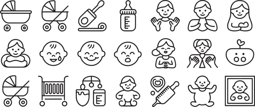 Baby Icon Set with Stroller, Bottle, Thermometer, and Baby Faces. Minimalist Line Art Illustration