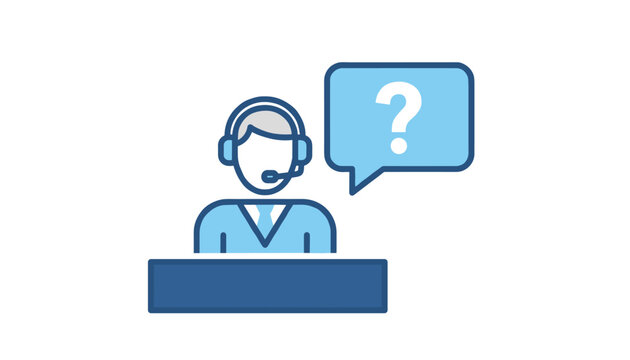 Customer service assistant wearing headset standing behind help desk with a question mark speech bubble.