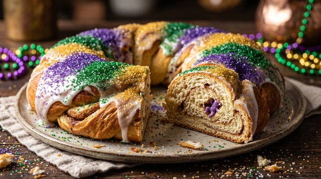 Traditional King Cake with colorful purple, green, and gold sugar sprinkles and white icing for Mardi Gras celebration