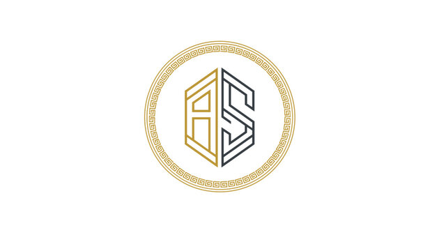 Luxury geometric AS monogram logo enclosed in a golden circular frame with a classical Greek key pattern on a white background.
