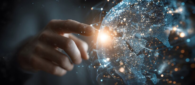 Businessman's hand interacting with futuristic artificial intelligence and big data visualization. Digital data wave on dark background
