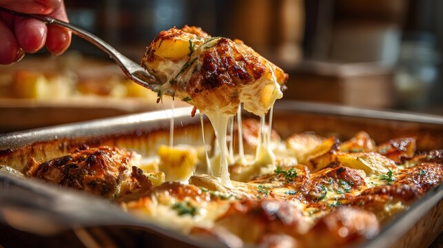 Close-up view of a platter of roast potatoes, picking up a potato with cheese using a fork.