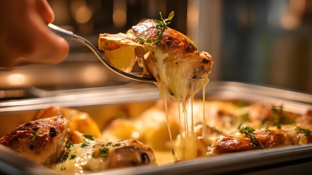Close-up view of a platter of roast potatoes, picking up a potato with cheese using a fork.