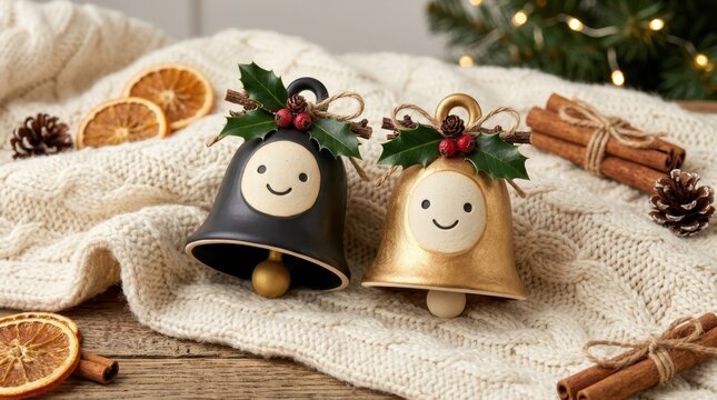 Two cute ceramic christmas bells, one black and one gold, decorated with holly leaves and berries, resting on a cozy knitted blanket with cinnamon sticks