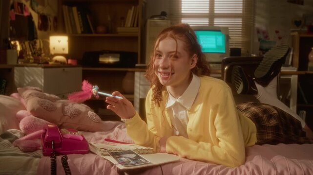 Portrait of Caucasian teenage girl lying on bed, writing in diary with fluffy pen in retro bedroom, then smiling at camera. Perfect for 90s nostalgia marketing and youth lifestyle campaigns