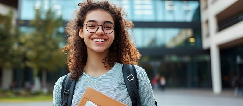 Girl student with backpack and books smiling in front of school