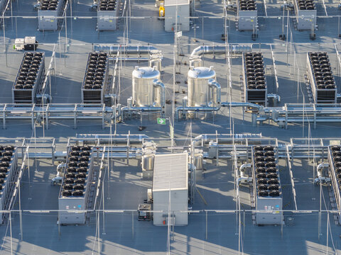 Aerial view of the FRA02 Mercury Engineering data center rooftop featuring industrial cooling units and technical infrastructure in Offenbach am Main, Hessen, Germany.