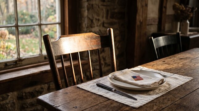 Rustic Dining Table with American Flag Pin on a Napkin in a Sunlit Farmhouse Interior