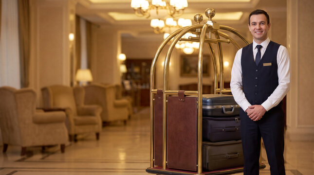 Professional hotel porter attendant baggage luggage cart greeting guest smiling inside luxurious lobby with hospitality service