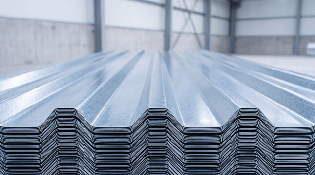 Stack of metal sheet, industrial building material, corrugated steel profile, shiny gray surface, organized construction supply