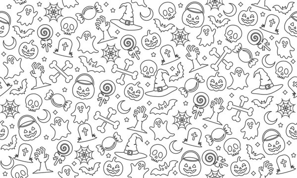 Halloween Seamless Outline Vector Pattern for Wrapping Paper, Textile, Wallpaper and Coloring Designs, Spooky Repeat Background