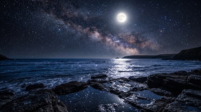 Stunning Night Seascape with Milky Way Galaxy and Full Moon over a Rocky Coastline