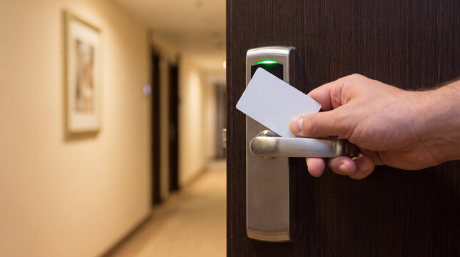 Unlocking hotel room door with key card for guest check in feeling relaxed and excited to enter accommodation for travel vacation