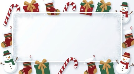 Obraz premium Christmas festive frame with gifts, candy canes, stockings, and snowmen isolated on white background
