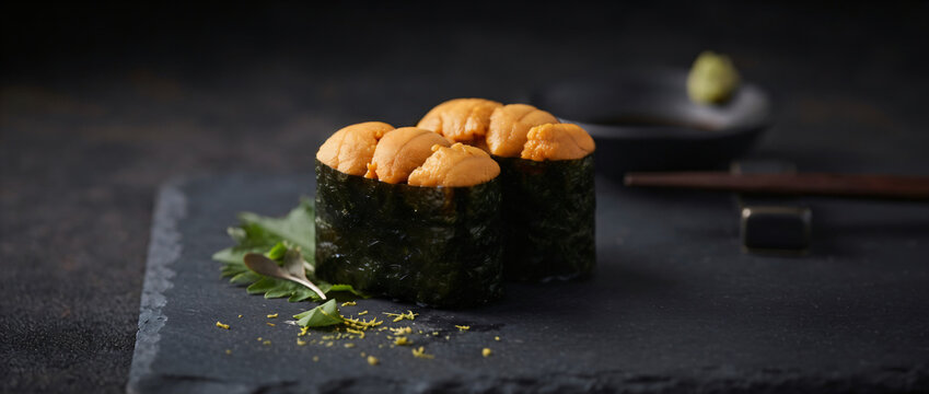 Fresh premium sea urchin uni gunkan maki sushi with nori seaweed on black slate plate with wasabi and gold flakes for luxury japanese omakase cuisine.
