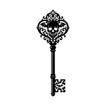 Vintage skeleton key featuring an ornate skull and bat wing design appears in solid black silhouette.