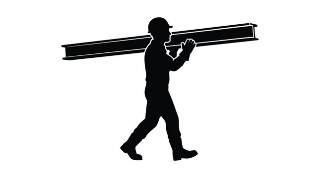 Construction worker carrying steel beam on shoulder black silhouette builder laborer workman craftsman industry girder