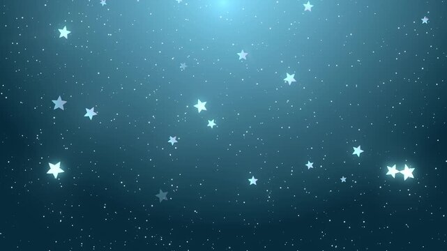 ブルーのグラデーション背景に輝く星々と粒子が降り注ぐシームレスループ動画素材