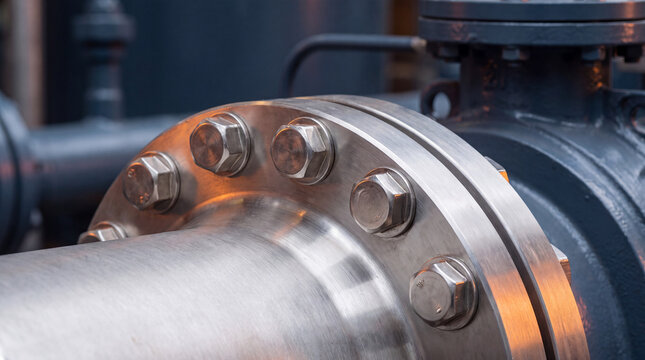 Flange macro close up metal pipe connection bolt hardware industrial machinery joint engineering steel component heavy equipment system