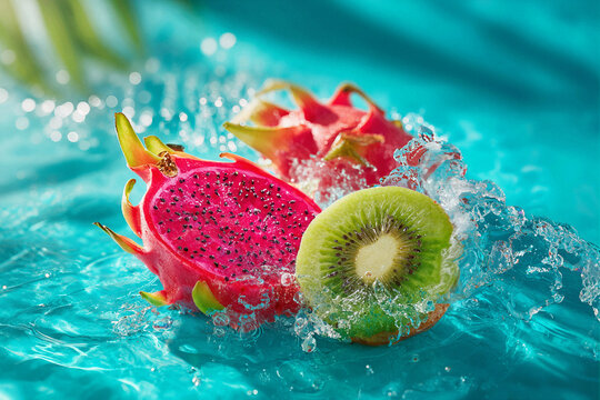 Tropical fruits dragon fruit and kiwi splashing in refreshing clear blue water