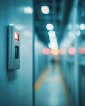 Biometric access control panel glowing at secure server room entrance in modern data center corridor, providing identity verification and restricted entry for critical infrastructure protection