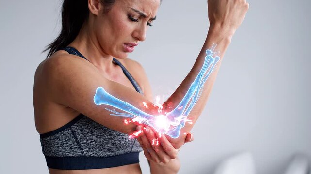 Woman Suffering From Severe Elbow Joint Pain With Highlighted Skeletal Anatomy Concept for Medical Education Video