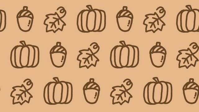 Seamless pattern of hand-drawn autumn pumpkins, acorns, and maple leaves on a warm beige background animation for Thanksgiving fall harvest wallpaper and cozy autumn foliage backdrop design.