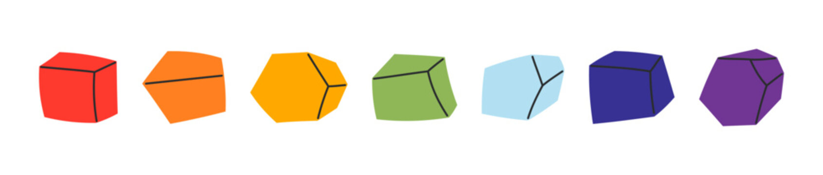 Set of crystals for harmonizing the 7 chakras. Row of seven small faceted gemstones. Flat vector illustration.