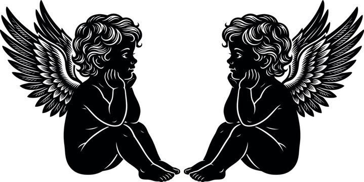 Two cherub silhouettes with wings a black and white vector illustration