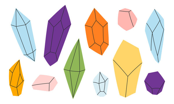Set of colorful faceted healing crystals resembling amethyst, citrine and aquamarine gemstones in varied shapes. Flat vector illustration.