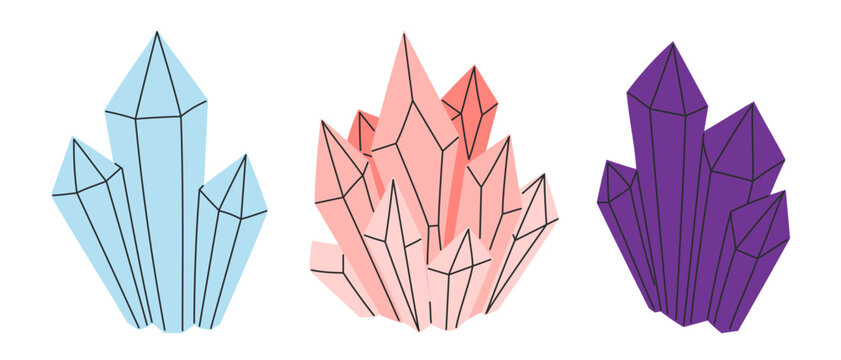 Three clusters of jagged healing crystal formations resembling aquamarine, rose quartz and amethyst geode druse. Flat vector illustration