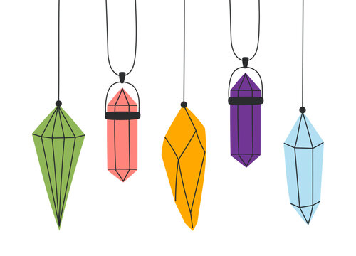 Set crystal pendulum. Tarot, divination and witchcraft. Five healing crystal pendant necklaces resembling peridot, rose quartz and amethyst gemstones hanging on cords. Flat vector illustration