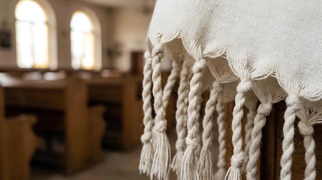 White fringed textile in blurred wooden chapel interior.