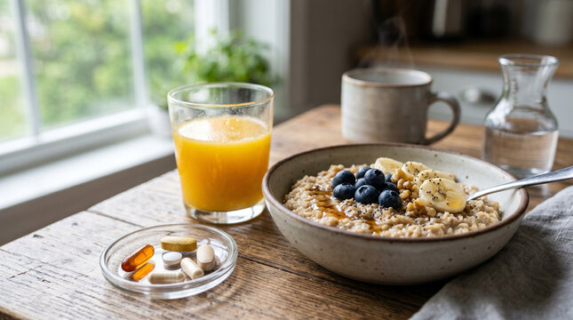 Healthy breakfast with oatmeal, fruits, juice, and supplements on table  