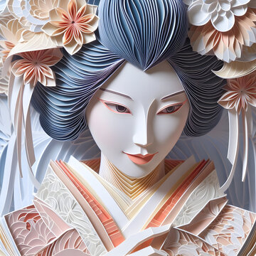 3D paper art portrait of Japanese geisha with blue hair and pastel flowers. Layered paper sculpture in soft blue and peach tones, kimono, ornate details. Digital illustration.