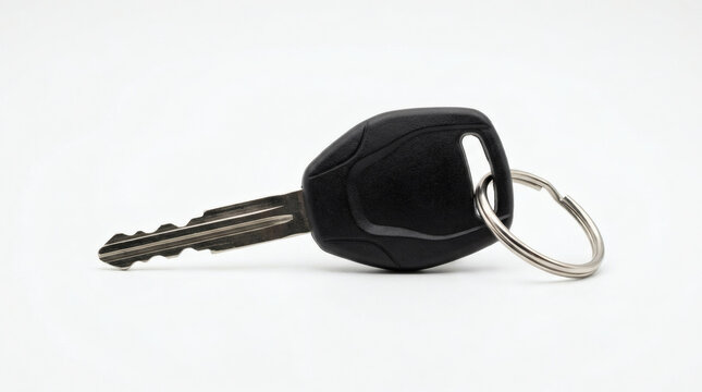 A single black car key with a metal keyring isolated on a white background.