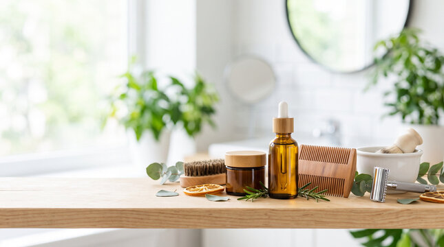 Beard grooming products display on a wooden table in a bright bathroom  