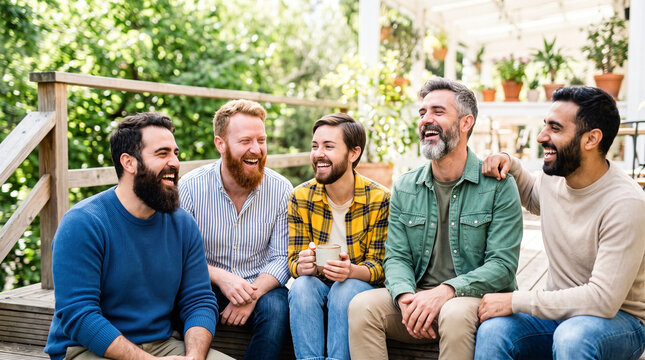 Group of bearded friends laughing while sitting outdoors in a garden  
