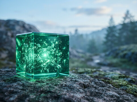Green glass cube with a starry core resting on a mossy grey forest rock