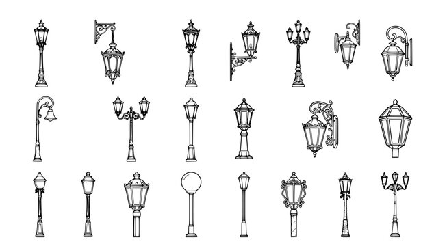Vintage lantern and street lamp black outline outdoor lighting vector collection