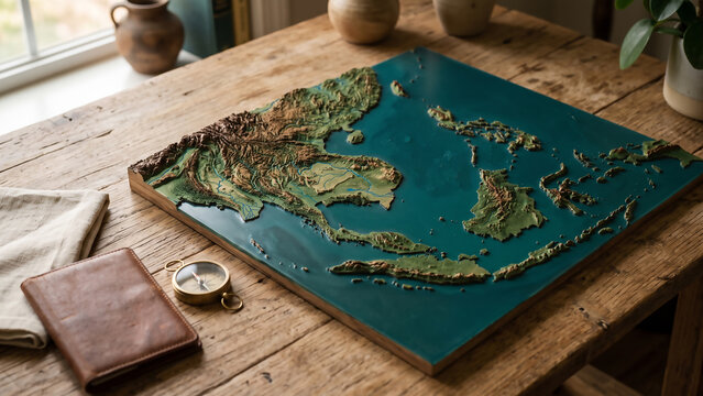Detailed map of Indonesia displayed on a wooden table with a compass and travel accessories, representing geography, tourism, navigation, travel planning, and exploration of the Indonesian archipelago