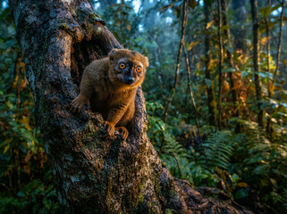 Fototapeta premium Small brown lemur clinging to a textured tree trunk in a dappled lush forest