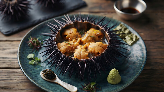 Sumptuous fresh sea urchin served in natural spiky shell with golden uni lobes on blue ceramic plate with wasabi, shoyu and spoon on rustic wood.