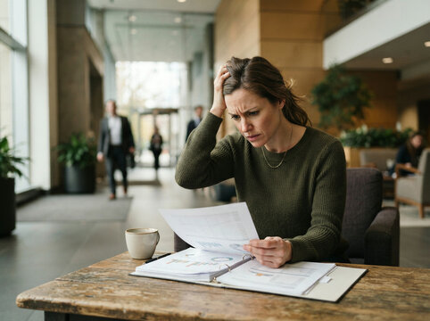 Woman resting her head reviewing charts in a modern lobby in soft daylight