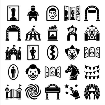 Carnival and circus icon set black and white vector symbols collection of entertainment attractions with carnival amusement entertainment attraction recreation silhouette illustration isolated