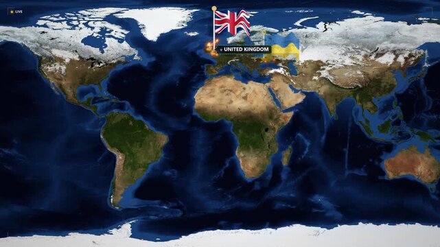 Global geopolitical map with usa, uk, and ukraine flags: international relations and news broadcast motion