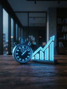 Neon lit stopwatch object with a glowing graph on dark wood in quiet muted colour