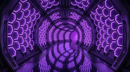 Fototapeta premium Futuristic 3D background with hexagonal tunnel and purple lights.