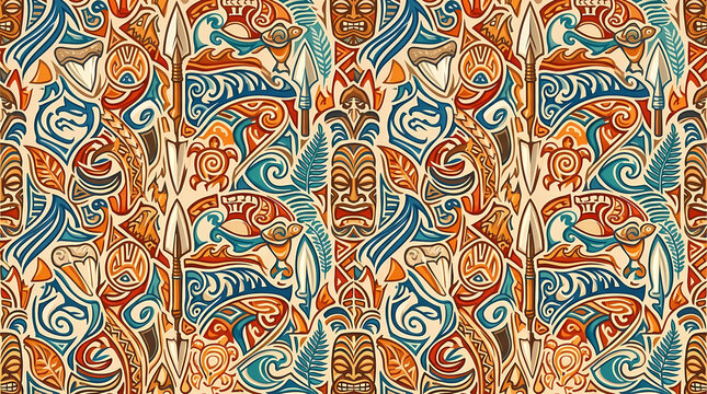 Polynesian Maori Seamless Pattern with Tiki Masks and Spears, Transparent Background Isolated on White