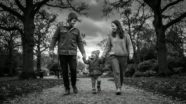 Toddler in a yellow jacket ahead of two adults on a gravel park walking path